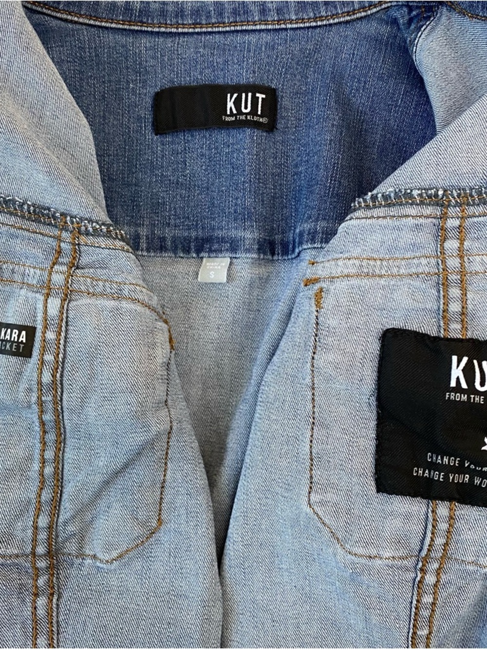 Kut from the Kloth Women’s Kara Cropped Blue Denim Jacket Frayed Raw Hem Small - Picture 6 of 6